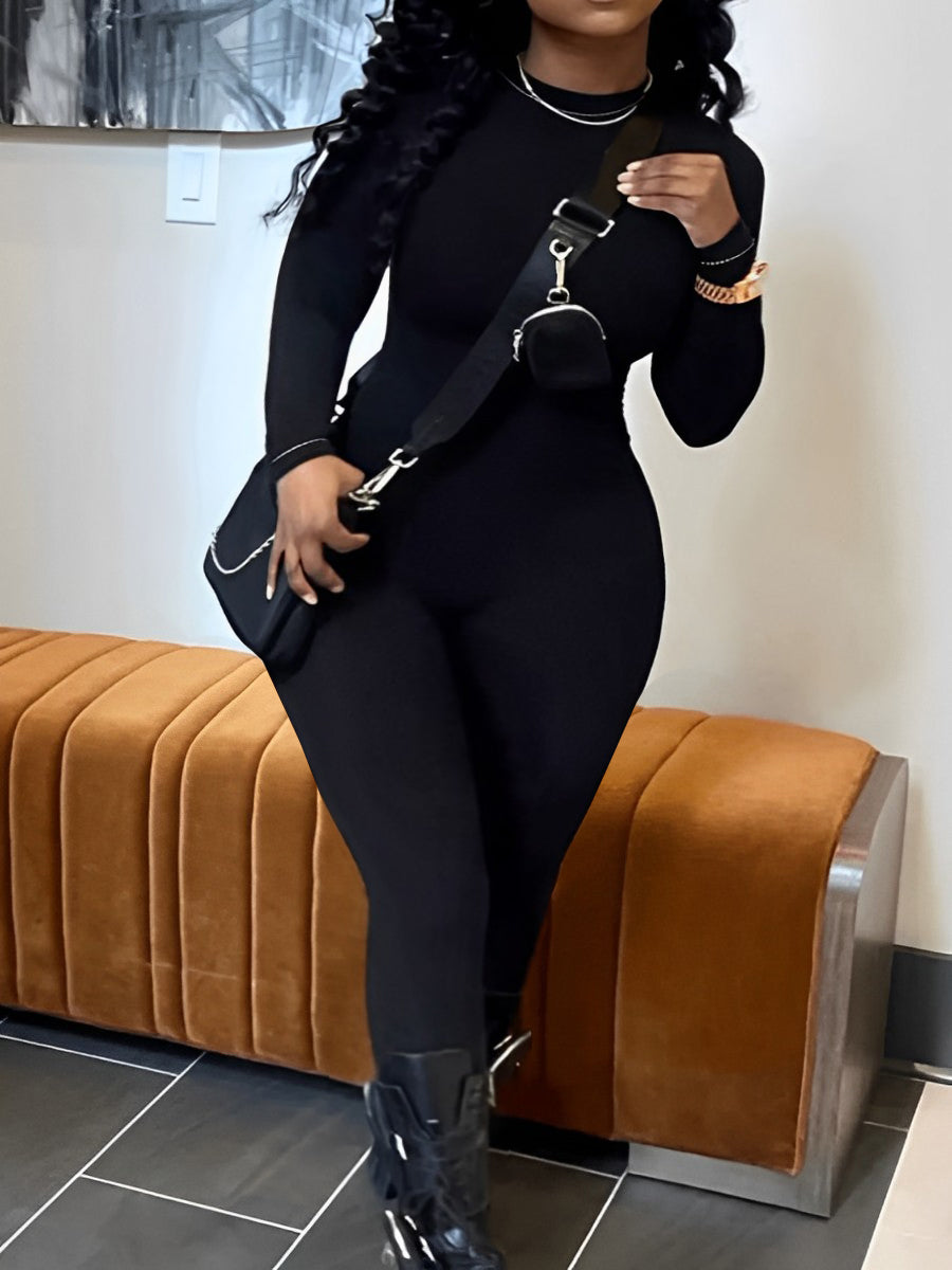 RYNLEES BASICS Plus Size Round Neck Skinny Stretchy Jumpsuit