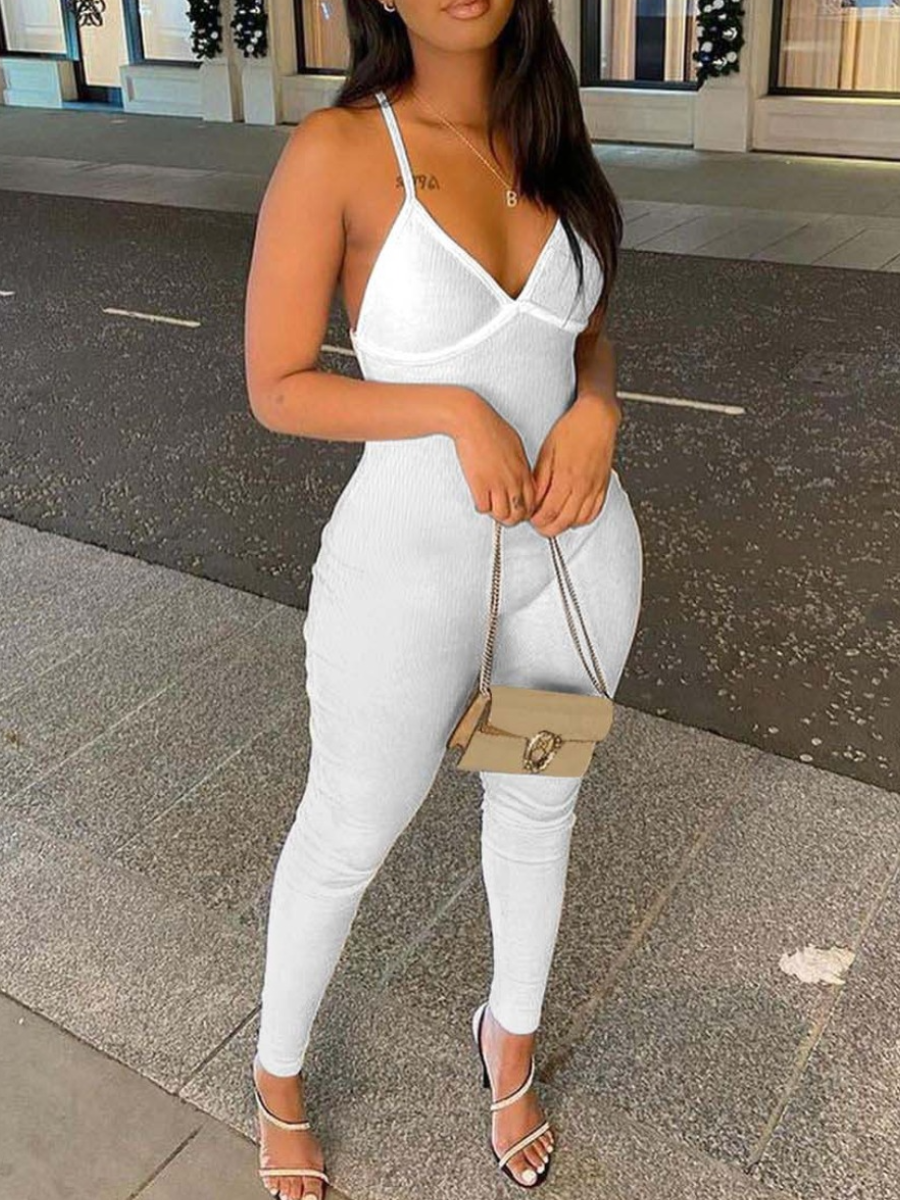 RYNLEES  BASICS Cross Strap Backless Rib Knit Jumpsuit