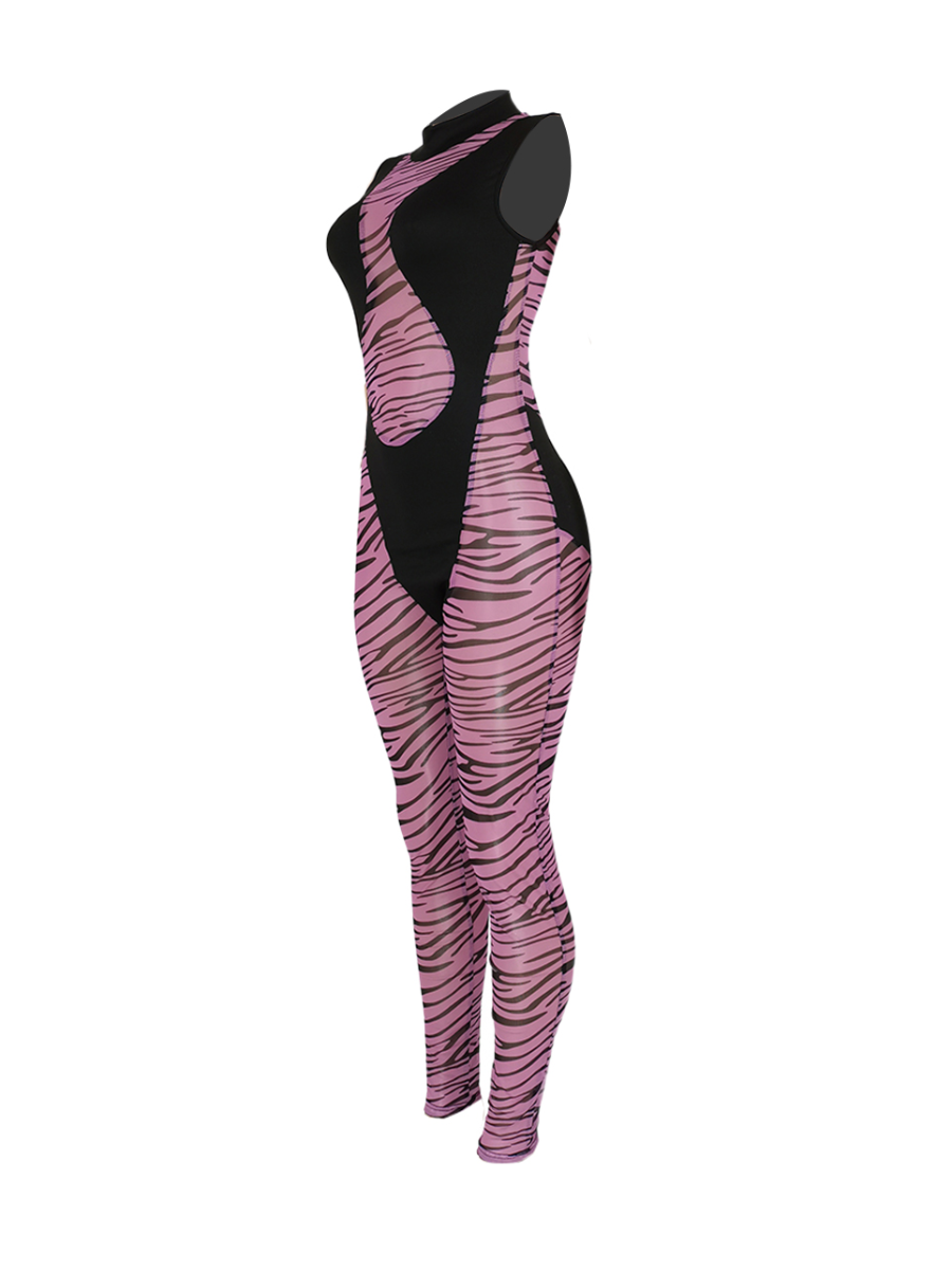 RYNLEES Animal Print See Through Skinny Jumpsuit